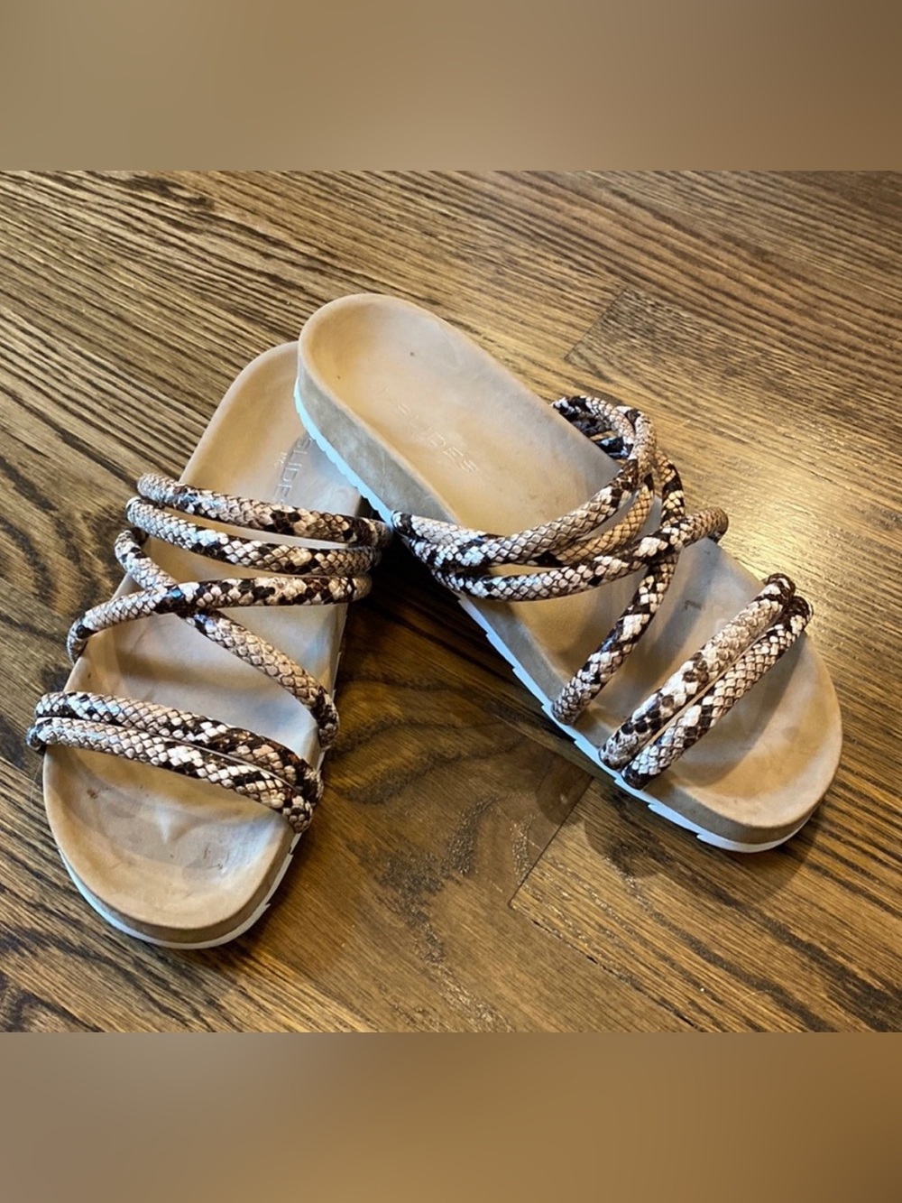 J Slide Sandals snake python pattern brown white 8.5